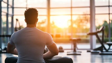 Aufkleber - Peaceful Gym Scene of a Man Meditating at Sunset with Nature Light Streaming In : Generative AI