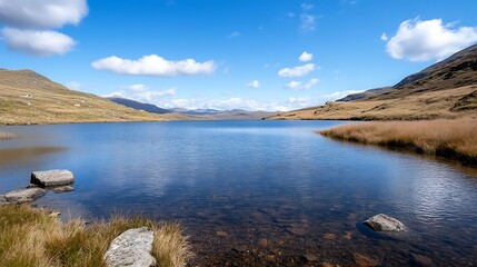 Canvas Print - Scenic view of a serene lake surrounded by hills under a bright blue sky showcasing nature's beauty : Generative AI