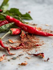 Poster - Fresh red chili peppers scattered with dried spice on stone surface capturing the essence of culinary heat and flavor : Generative AI