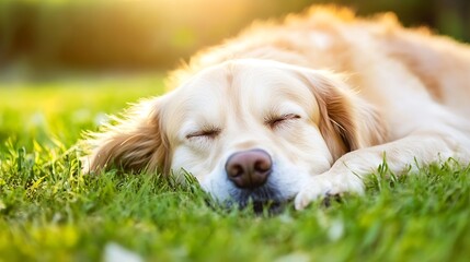 Poster - Golden Retriever Dog Sleeping Peacefully on Green Grass in Sunshine : Generative AI