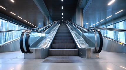Poster - Dynamic perspective of an escalator leading up in a modern urban environment with bright lighting and glass architecture : Generative AI