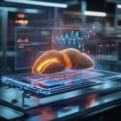 Poster - A futuristic anatomical model displayed with vibrant visualizations and data overlays, illustrating advanced scientific concepts in a digital laboratory environment.
