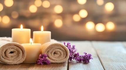 Poster - Relaxing serene candles with soft light and lavender flowers for peaceful atmosphere : Generative AI