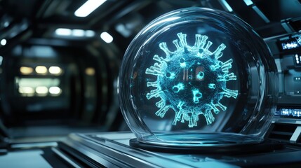 Poster - Highly detailed glowing virus trapped inside a futuristic containment unit.