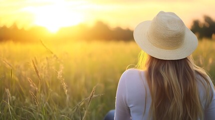 Aufkleber - Woman Enjoying a Serene Sunset in a Golden Field with a Stylish Hat : Generative AI