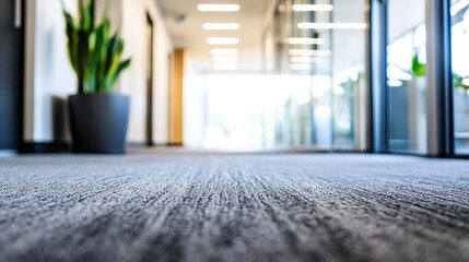 Poster - Spacious office corridor with plush carpeting and vibrant indoor plants creating a welcoming atmosphere : Generative AI