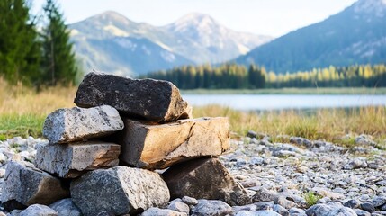 Poster - Stack of Rocks by the Calm Mountain Lake in Beautiful Nature : Generative AI