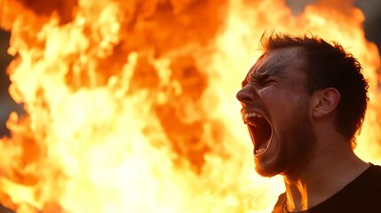 Fototapete - Dynamic portrayal of a man screaming amidst intense flames creating a dramatic visual impact : Generative AI