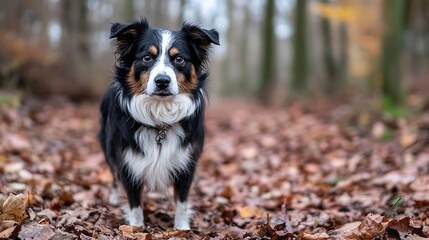 Poster - Adorable Australian Shepherd Dog Standing On Leaf Covered Trail In The Forest During Autumn Season : Generative AI