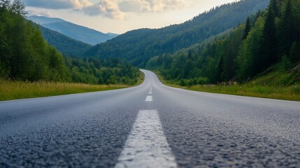 Aufkleber - Scenic winding road through lush green mountains under partly cloudy sky : Generative AI