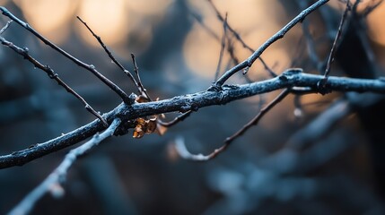 Aufkleber - Frosty Branches with Dried Leaves Against a Colorful Winter Background : Generative AI