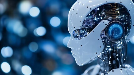 Leinwandbilder - Futuristic Robotic Head with Intricate Circuitry and Deep Blue Glowing Elements : Generative AI