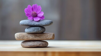 Poster - Peaceful Stacked Stones with Blooming Purple Flower for Tranquil Nature Decor : Generative AI