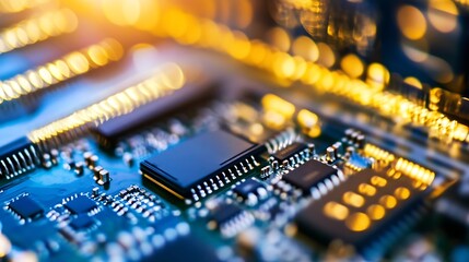 Leinwandbilder - Close up view of impressive microprocessor circuit board with bright lights and intricate patterns : Generative AI