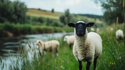 Poster - Curious Sheep Grazing Near a Calm Stream in a Picturesque Country Landscape : Generative AI