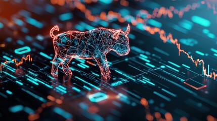 Poster - A futuristic bull icon stands out against a vibrant digital stock market background, symbolizing growth and investment in the financial sector.