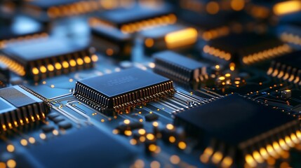 Aufkleber - Close Up of Electronic Circuit Board with Microchips and Blinking Lights : Generative AI