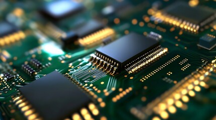 Leinwandbilder - Close Up of Complex Electronic Circuit Board with Microchips and Transistors in a High Tech Design : Generative AI
