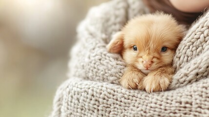 Aufkleber - Adorable Kitten Cuddled in Warm Knitted Sweater with Gentle Light : Generative AI