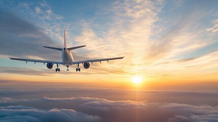 Poster - Airplane Silhouette Flying Above Clouds at Sunset Creating a Dramatic Sky Scene : Generative AI