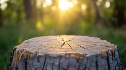 Aufkleber - Serene Close Up of a Tree Stump with Sunlight Glowing in the Background : Generative AI