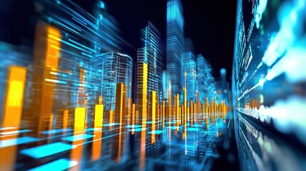 Poster - A dynamic and vibrant cityscape featuring illuminated data visualization elements. The image captures the essence of modern technology and digital growth.