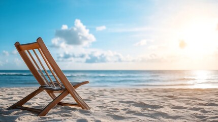 Poster - Wooden Beach Chair Facing the Ocean Under Clear Blue Sky at Sunset : Generative AI