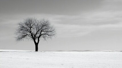 Poster - Lonely tree standing in a snowy landscape under a calm blue sky with soft clouds : Generative AI