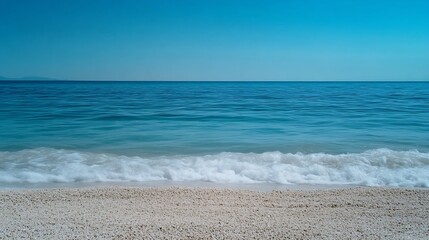 Poster - Pristine sandy beach with clear turquoise waters sparkling under a bright sun : Generative AI