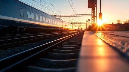 Poster - Stunning Sunset Train Journey on Tracks with Reflected Sunlight Over Calm Station : Generative AI