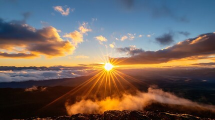 Aufkleber - Stunning mountain sunset casting rays of light and clouds creating a breathtaking scene : Generative AI