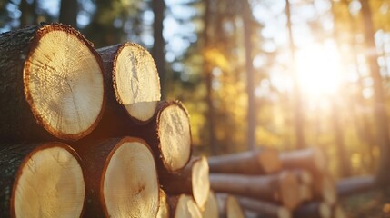 Poster - Stack of cut wood logs with sun shining through the trees in a forest : Generative AI
