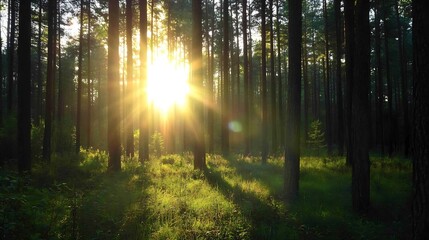 Aufkleber - Golden sunbeams shining through tall trees creating a magical atmosphere in a lush green forest : Generative AI