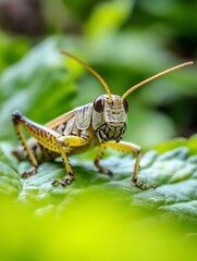 Poster - Closeup of a vibrant grasshopper perched on a green leaf highlighting the beauty of nature's details : Generative AI