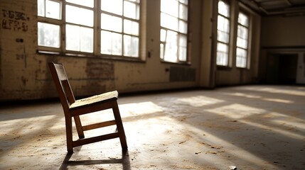 Poster - Lonely Wear and Tear Wooden Chair Standing Alone in an Abandoned Room : Generative AI
