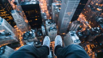 Poster - Person Sitting on Edge of a Tall Building Overlooking Cityscape at Dusk : Generative AI