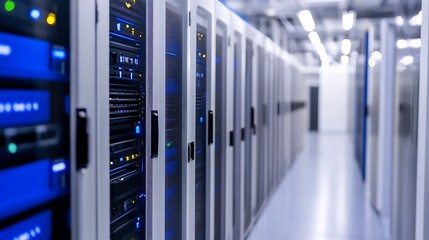Fototapete - Rows of Servers in Modern Data Center with Blue Lighting and Technology Infrastructure : Generative AI