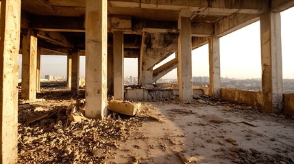 Poster - Desolate and stark interior of a crumbling building showcasing weathered columns and debris : Generative AI