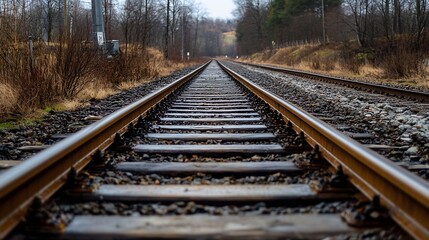 Aufkleber - Rustic railway tracks weaving through tranquil landscapes under a cloudy sky : Generative AI