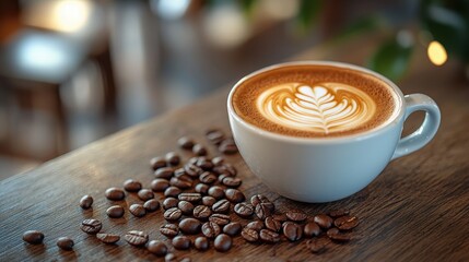 rich latte art in a white cup surrounded by coffee beans on a rustic wooden table in a cozy cafe set