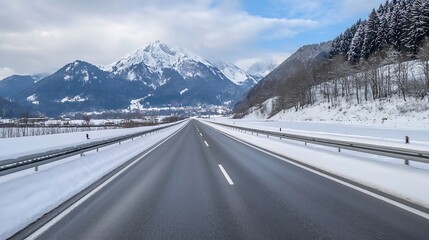 Aufkleber - Scenic Snowy Road in Alpine Landscape Surrounded by Majestic Mountains : Generative AI