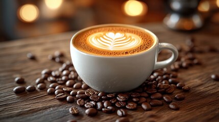 high-quality close-up of a beautifully crafted latte resting on roasted coffee beans in a cozy cafe 