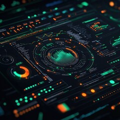 Poster - Explore a futuristic data visualization interface featuring vibrant charts and graphs. Ideal for projects focused on technology, analytics, and digital design.