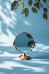 Poster - elegant brass mirror reflecting soft light with leafy shadows on a serene blue background