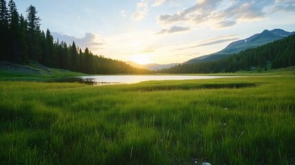 Poster - Serene Sunset Over Tranquil Lake Surrounded by Lush Green Grass and Trees in Nature : Generative AI