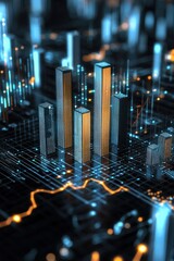 Poster - A captivating digital illustration showcasing abstract skyscrapers representing financial growth, surrounded by vibrant data and analytics elements.