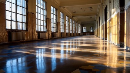 Poster - Retro Industrial Room with Large Windows and Sunlit Floor Patterns : Generative AI