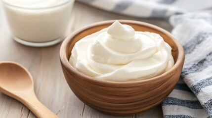 Poster - Creamy and Smooth Whipped Yogurt Served in a Natural Wooden Bowl with a Spoon on a Rustic Table : Generative AI