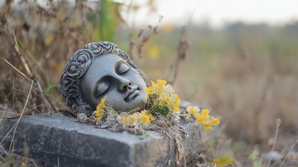 Aufkleber - Beautiful Stone Buddha Head Surrounded by Flowers and Natural Decor : Generative AI