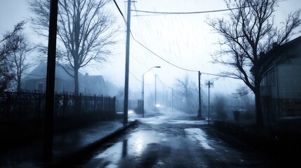 Poster - Dark and Wet Street Scene During a Stormy Night with Rain and Wind : Generative AI